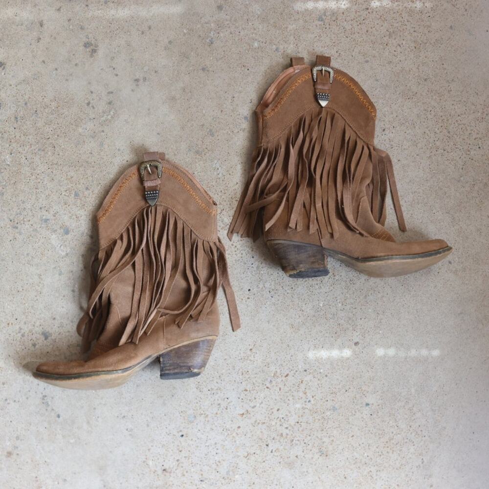 Genuine Leather Western Fringe Boots Womens Size 8.5 Cowgirl Buckle